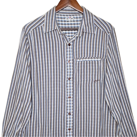 Kavu Mens Striped Brown Blue Logo Outdoor Casual Long Sleeve Buttondown Shirt - Picture 5 of 7